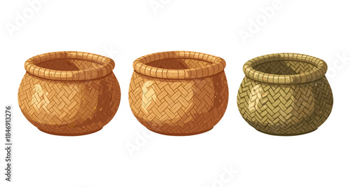 Three woven baskets in different shades of brown and green, isolated on white