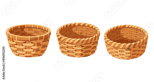 Three woven wicker baskets shown from different angles on a white background