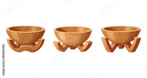 Three wooden bowls on unique carved stands, isolated on white background