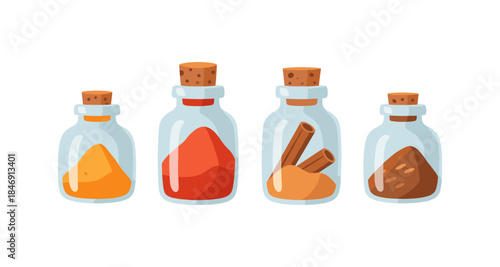 Four glass bottles with cork stoppers containing colorful spices and cinnamon sticks