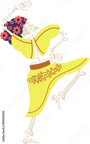 Calavera Catrina skeleton dancing celebrating Day of the Dead