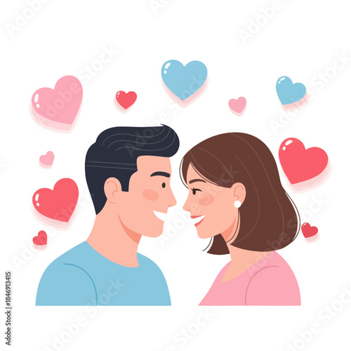 romantic couple looking into each other's eyes with floating hearts representing love and