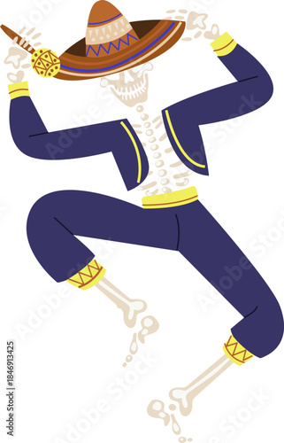 Dancing skeleton celebrating Dia de los Muertos with sombrero