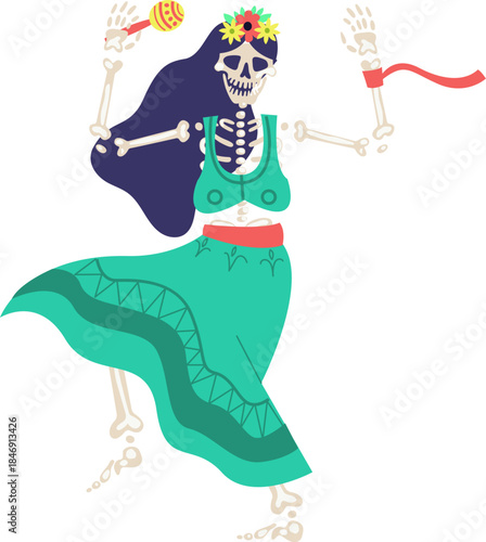 Dancing calavera Catrina skeleton celebrating Dia de los Muertos