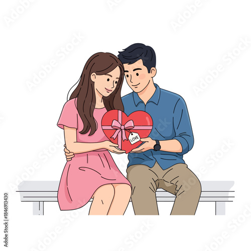 romantic couple exchanging heartfelt gifts with a red heart-shaped present for special occasion