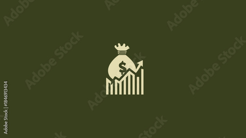 Stylized icon representing financial growth, investment success, and economic prosperity with a money bag, upward trend line, and bar chart.