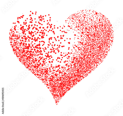 Red Heart Disintegration Vector Illustration: Love Symbol Breaking Apart into Dust, Particles, or Dot Stipple Texture for Distress and Abstract Concepts
