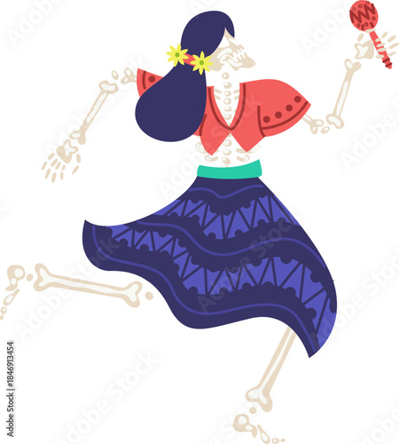 Skeleton woman dancing celebrating Day of the Dead