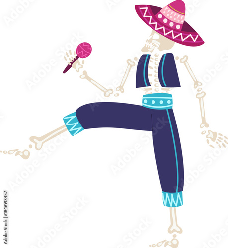 Skeleton dancing maraca for Day of the Dead celebration