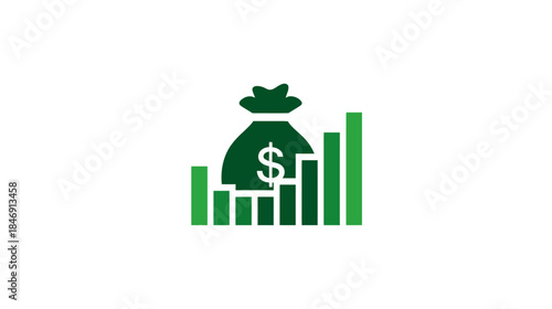 Green money bag with dollar sign over an ascending bar graph. Financial growth, investment, profit, and success concept.