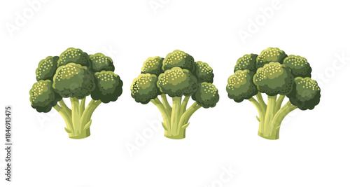 Three stylized green broccoli florets arranged in a row on a white background