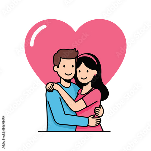 Cute cartoon illustration of a happy couple embracing in front of a large pink heart symbolizing