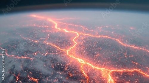 Volcanic activity seen from space showing lava flow at night