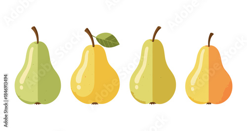 Four stylized pears in different colors and shades of green and yellow