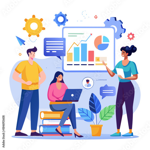 Business team collaboration and data analysis with charts and laptop