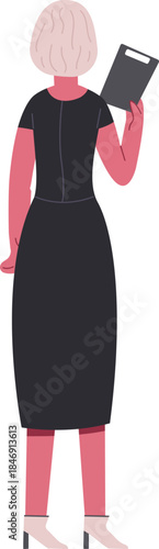 Businesswoman standing holding clipboard checking document