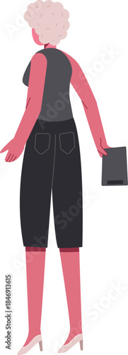 Woman holding tablet standing with back turned