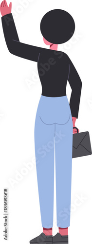 Businesswoman raising hand and carrying briefcase