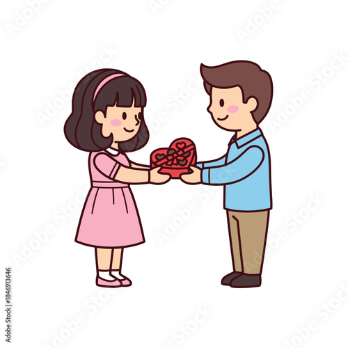 Cute cartoon children exchanging a heart-shaped gift symbolizing friendship and love for special