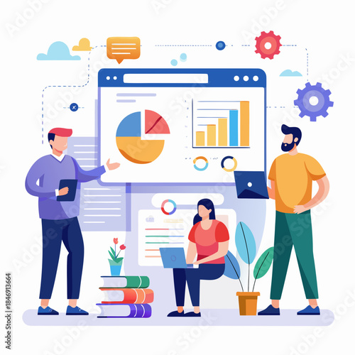 Business team collaboration analyzing data charts and graphs on screen