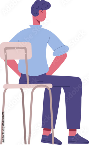 Man sitting on chair looking sideways with hands on hips