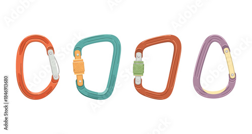Collection of four colorful climbing carabiners with screw gates and non-screw gates