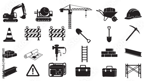 Construction Icons Set with Various Tools and Equipment
