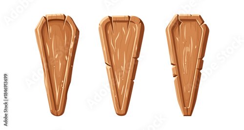 Three cartoon wooden coffin shapes with different textures and cracks