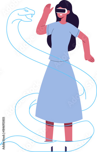 Woman experiencing virtual reality with digital snake