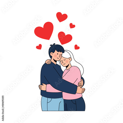 heartfelt embrace of a loving couple surrounded by floating hearts expressing affection connection