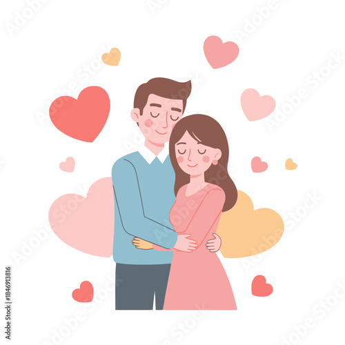 Adorable couple embracing in a romantic scene surrounded by colorful hearts and clouds in a sweet