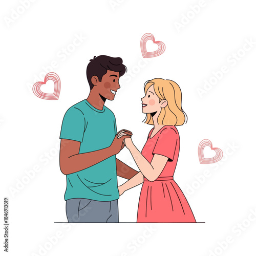 adorable cartoon couple holding hands with hearts celebrating love and affection