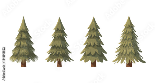 Set of four stylized evergreen trees with brown trunks and green foliage