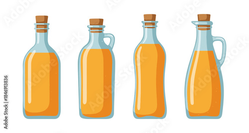 Collection of four glass bottles filled with orange liquid and cork stoppers