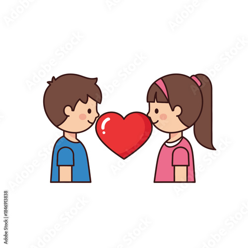 Cute cartoon illustration of a boy and girl sharing a red heart symbolizing love and affection