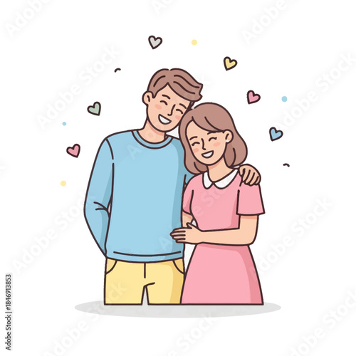 Cute cartoon couple happily embracing with colorful hearts symbolizing love and affection vision