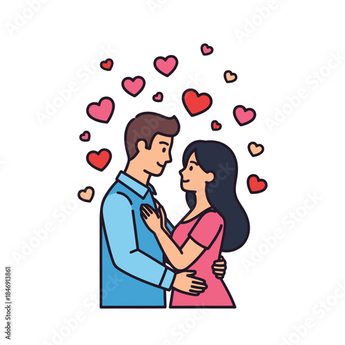 Cute cartoon illustration of a loving couple sharing an intimate moment surrounded by hearts