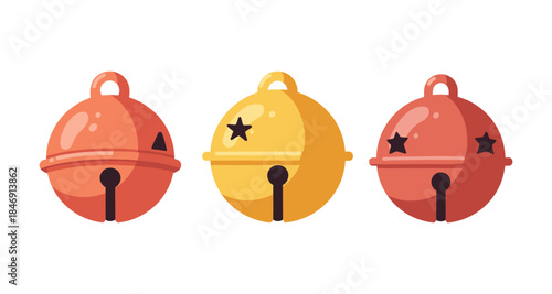 Set of three festive jingle bells in red and gold with star cutouts