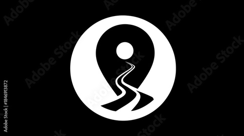 Abstract white location pin icon with winding road leading to a destination or sun on a black background, symbolizing travel and discovery