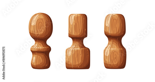 Three wooden pestles with different shapes and wood grain textures