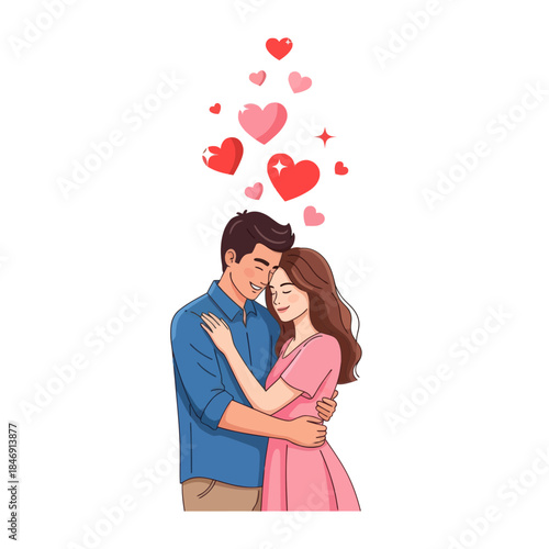 romantic couple embracing with love hearts floating above their heads in a sweet cartoon