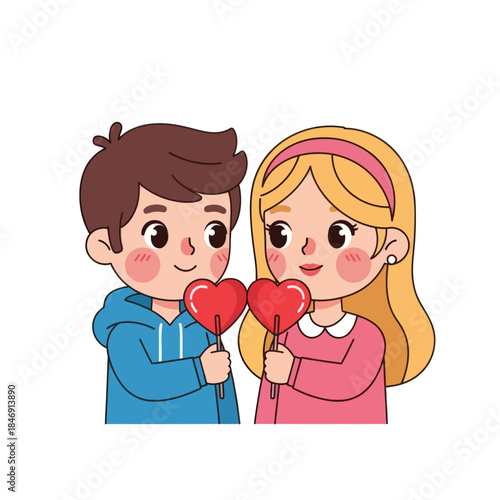 Cute cartoon couple sharing heart-shaped lollipops symbolizing love and affection in a playful style