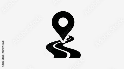 Minimalist location pin icon above a winding road, representing journey, travel, navigation, route, and destination
