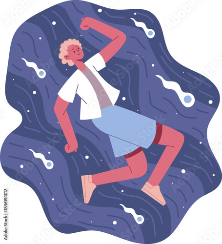 Young man floating in water with tadpoles exploring