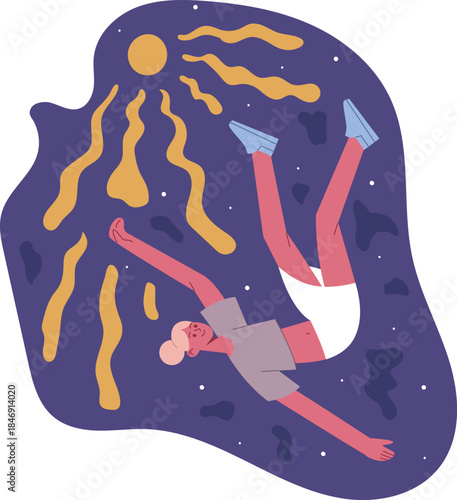 Woman floating in space reaching for sun light