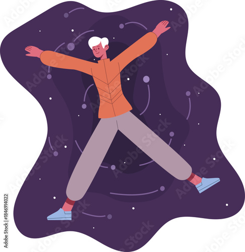 Person floating in purple cosmic space dreaming