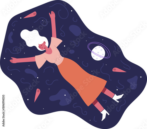 Woman floating in outer space dreaming concept