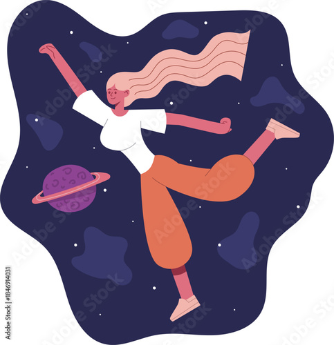 Woman flying through space reaching for dreams