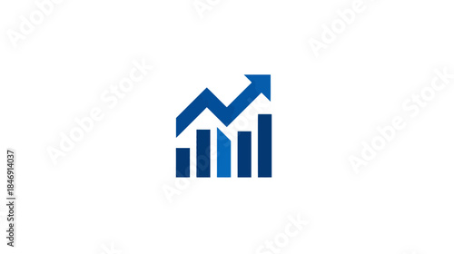 Blue bar chart icon with upward arrow symbolizing business growth, financial progress, market success, data analytics, and increased profitability.