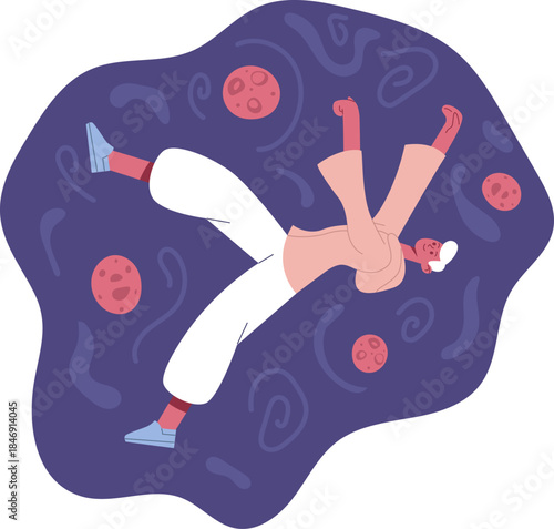 Person floating in abstract space dreaming of planets